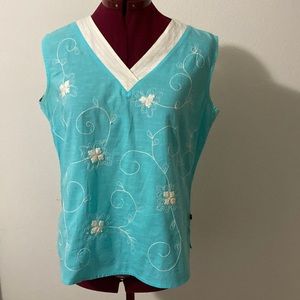 Westside sleeveless blue &white embroidery blouse SZ L 100% cotton made in India